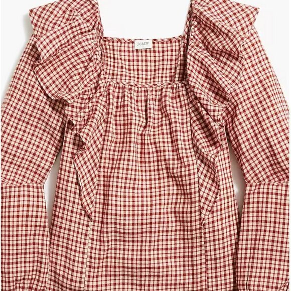J. Crew Tops - J. Crew Gingham Plaid Squareneck Ruffle Top, Red and Cream, XL